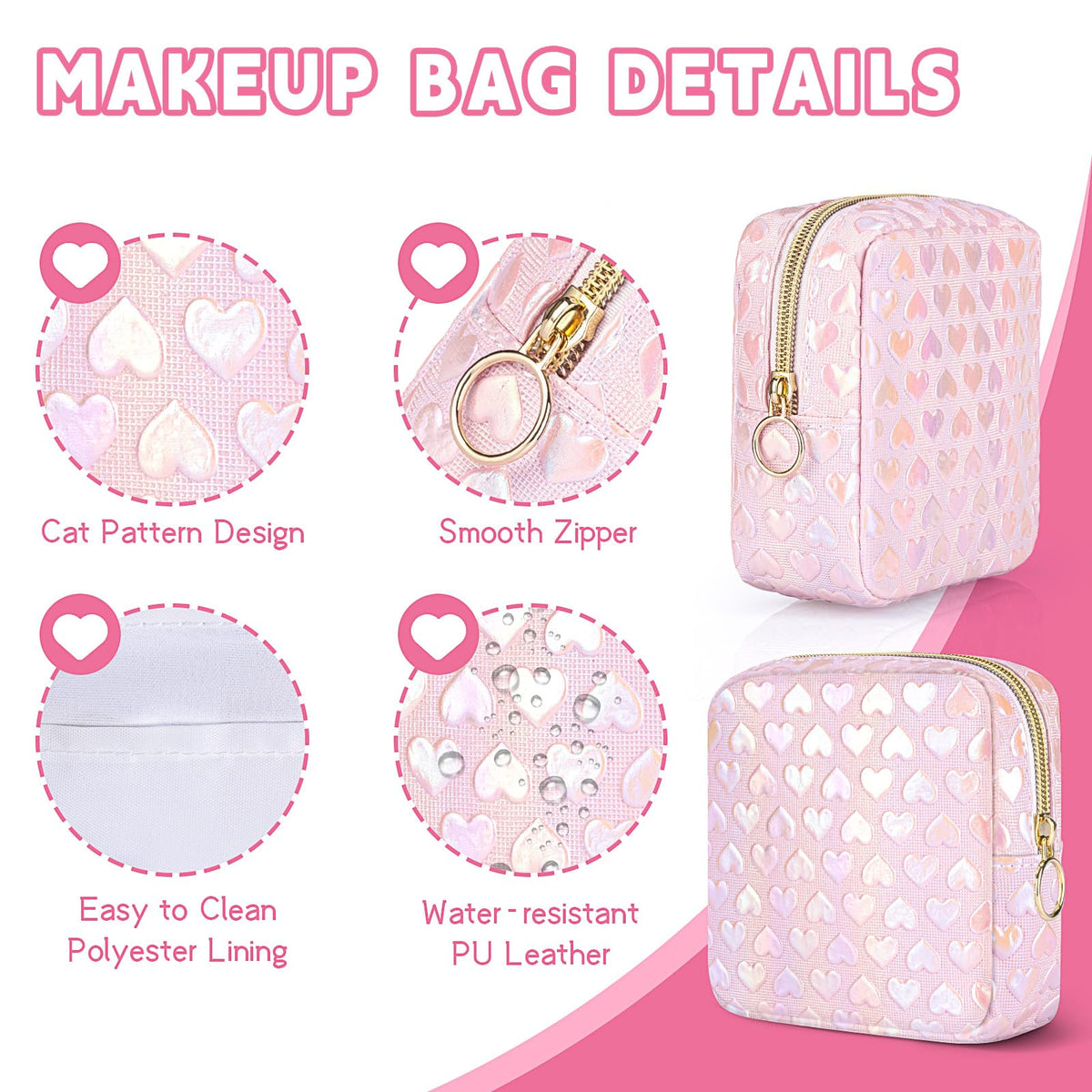 Likesing 5.1" Mini Makeup Bag for Purse, Leather Small Makeup Pouch Travel Cosmetic Make up Bags for Women Girls, Cute Preppy Mini Toiletry Bag Coin Pouch Period Bag(3D Love Pink)