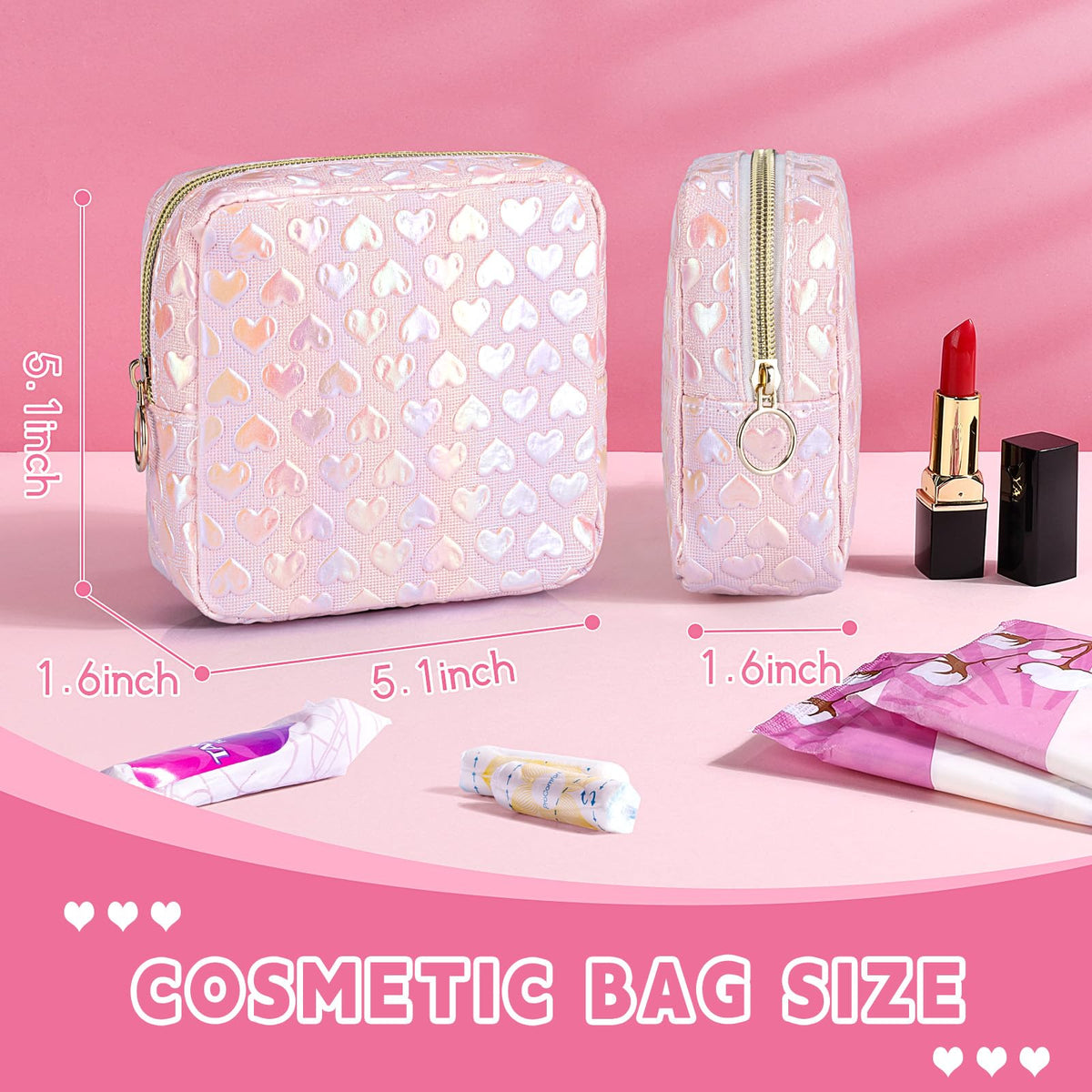 Likesing 5.1" Mini Makeup Bag for Purse, Leather Small Makeup Pouch Travel Cosmetic Make up Bags for Women Girls, Cute Preppy Mini Toiletry Bag Coin Pouch Period Bag(3D Love Pink)