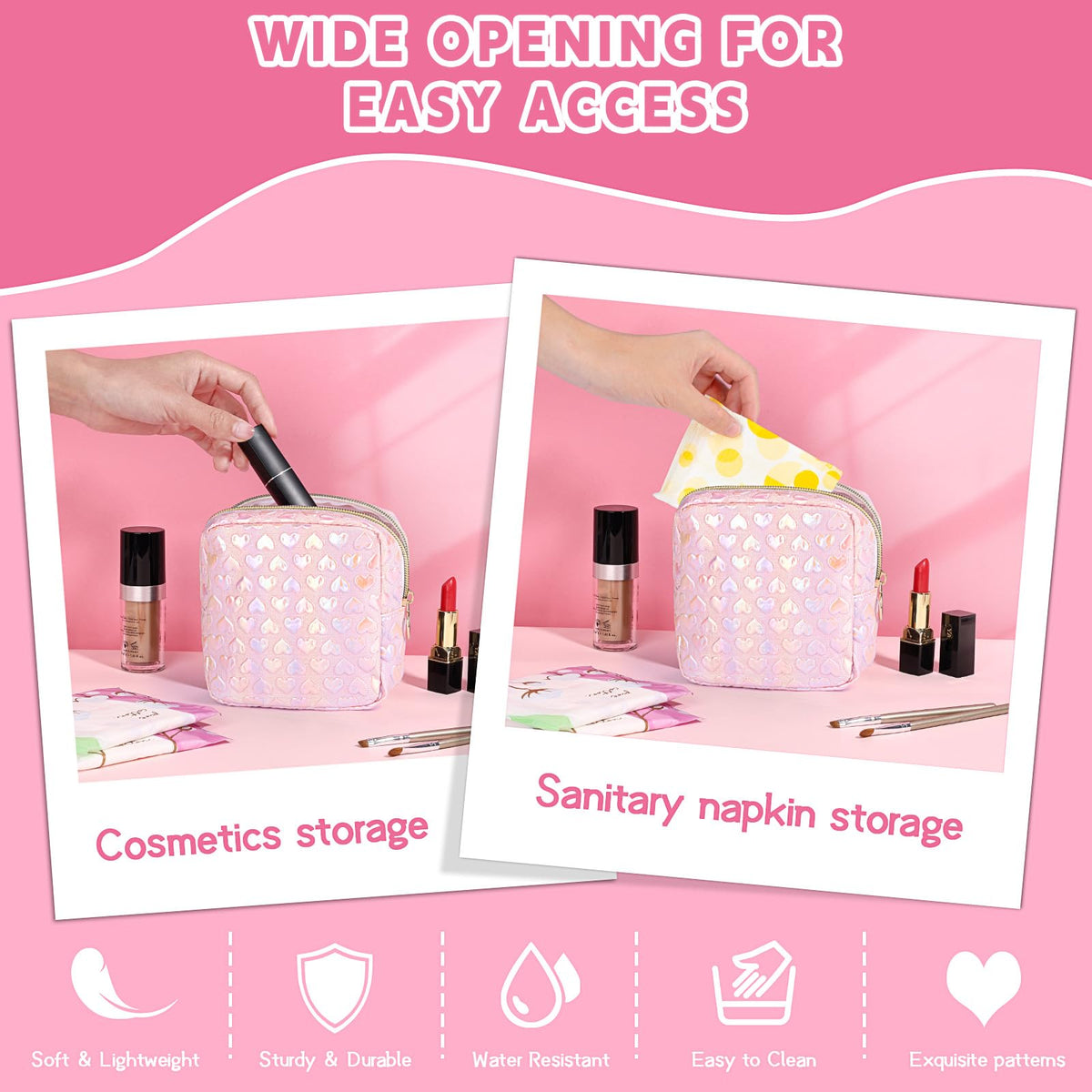 Likesing 5.1" Mini Makeup Bag for Purse, Leather Small Makeup Pouch Travel Cosmetic Make up Bags for Women Girls, Cute Preppy Mini Toiletry Bag Coin Pouch Period Bag(3D Love Pink)