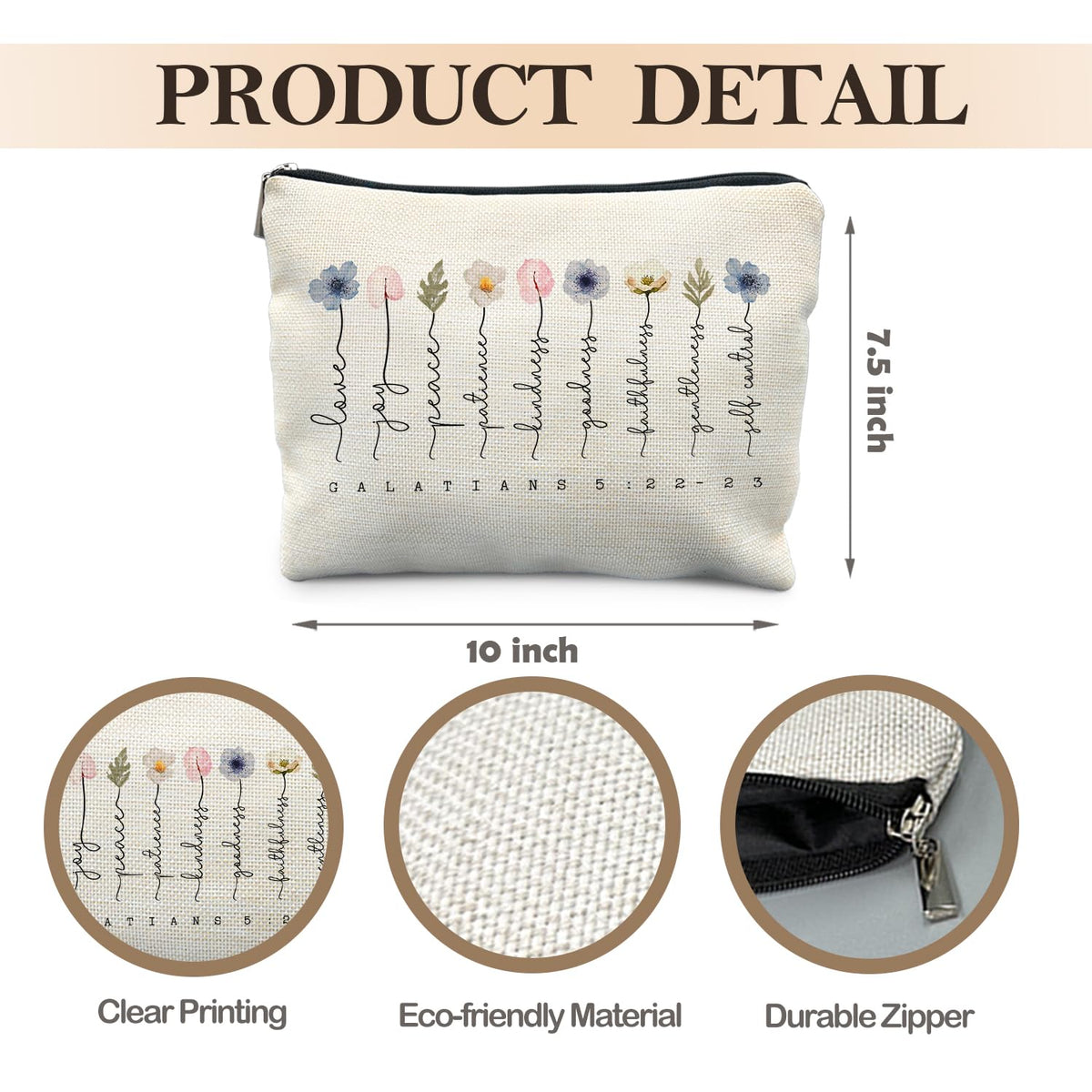 Likjad Christian Gifts Makeup Bag, Floral Christian Cosmetic Bags for Women, Galatians 5:22-23 Bible Verse Makeup Pouch, Faith Based Gifts Zipper Pouch