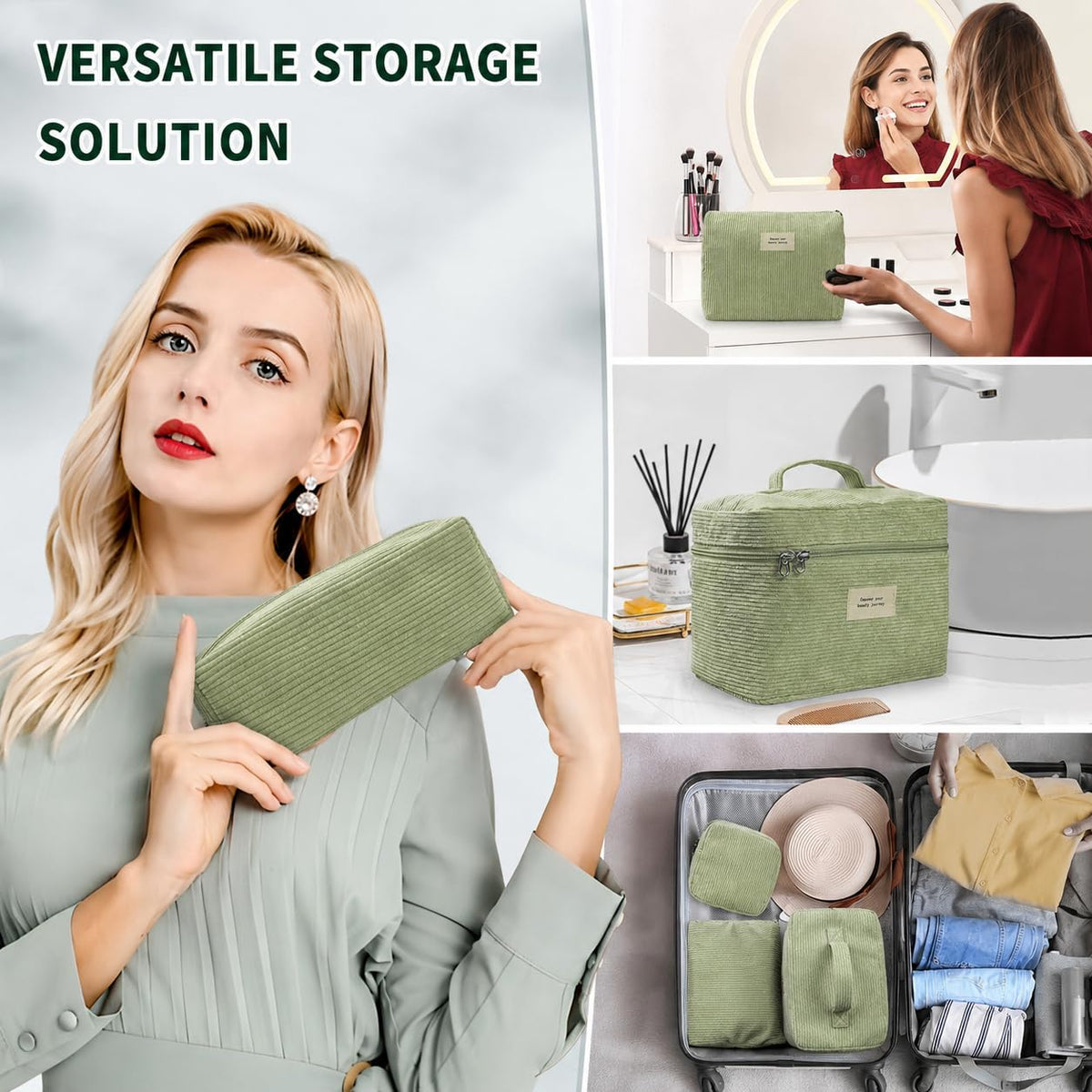 LVWNM 4Pcs Makeup Bag Set for Women Corduroy Cosmetic Bag (09-LightGreen)