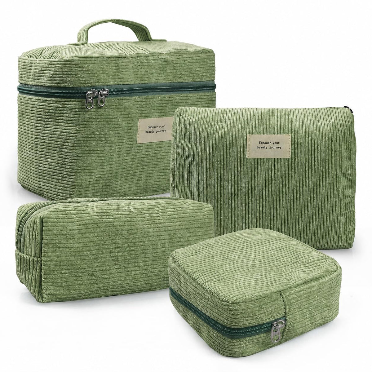 LVWNM 4Pcs Makeup Bag Set for Women Corduroy Cosmetic Bag (09-LightGreen)