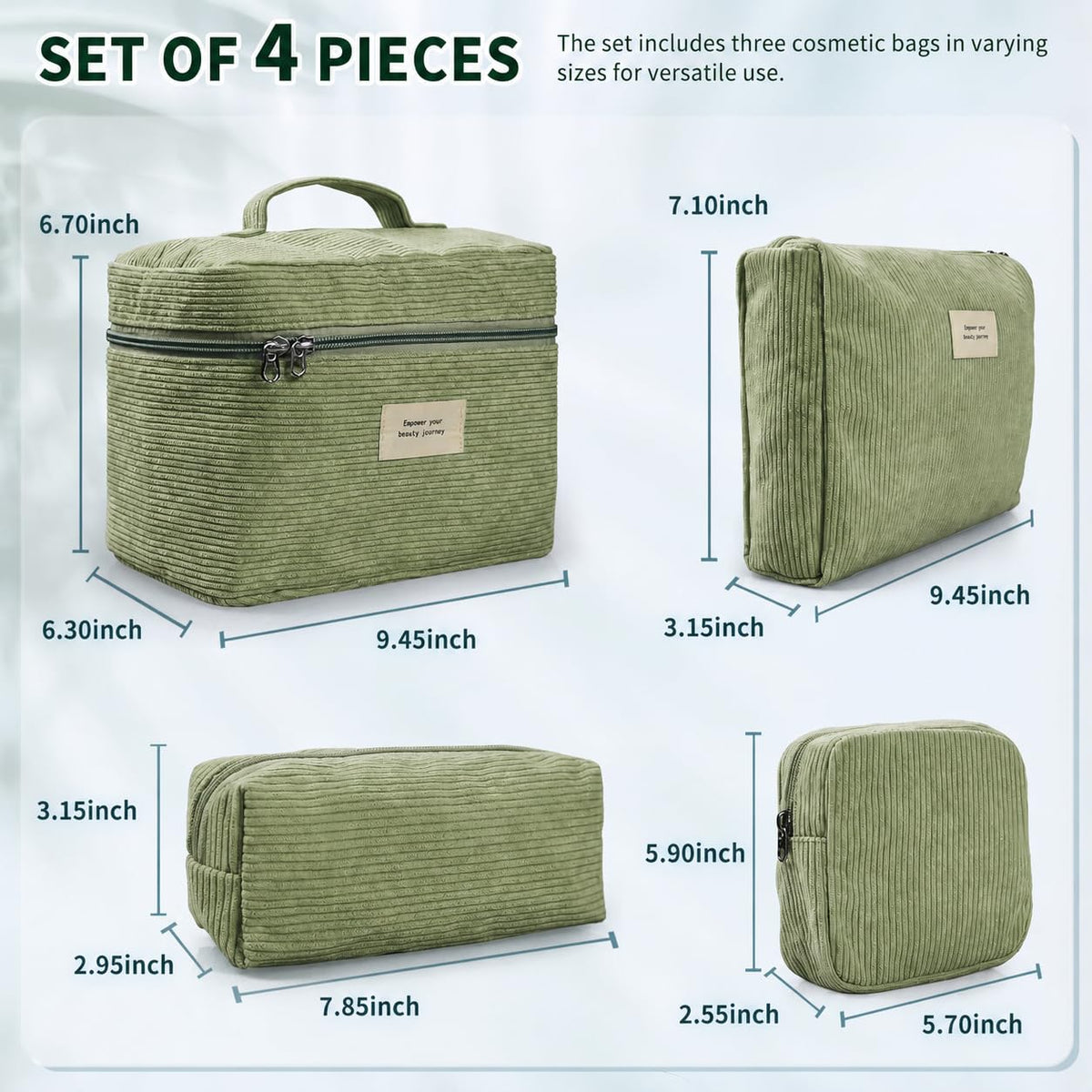 LVWNM 4Pcs Makeup Bag Set for Women Corduroy Cosmetic Bag (09-LightGreen)