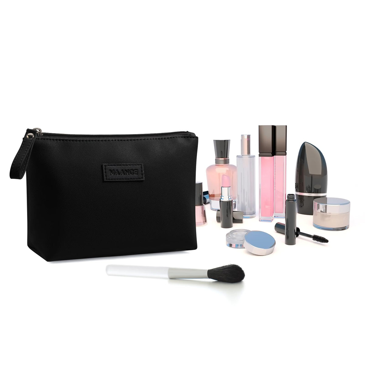 MAANGE Cosmetic Bags for Women Small Makeup Bag for Purse Pu Leather Makeup Pouch Travel Makeup Bag with Zipper Make Up Bag for Travelling (Black)