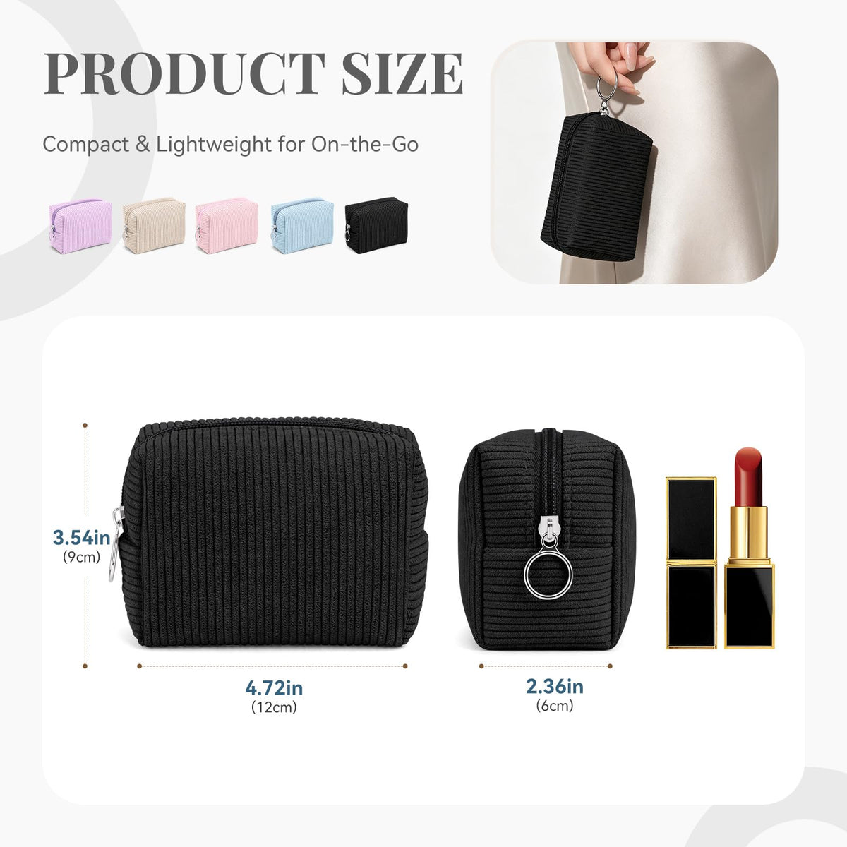 MAGEFY Corduroy Makeup Bag - Small Travel Cosmetic Pouch for Women, Portable Mini Zipper Purse with Everyday Essentials for Office, or Trip (Black)
