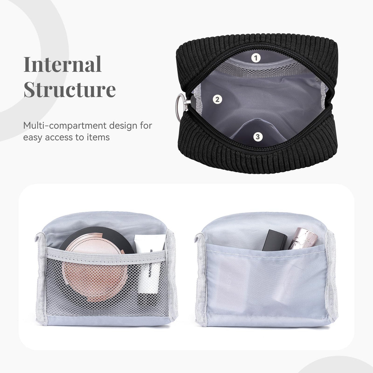 MAGEFY Corduroy Makeup Bag - Small Travel Cosmetic Pouch for Women, Portable Mini Zipper Purse with Everyday Essentials for Office, or Trip (Black)