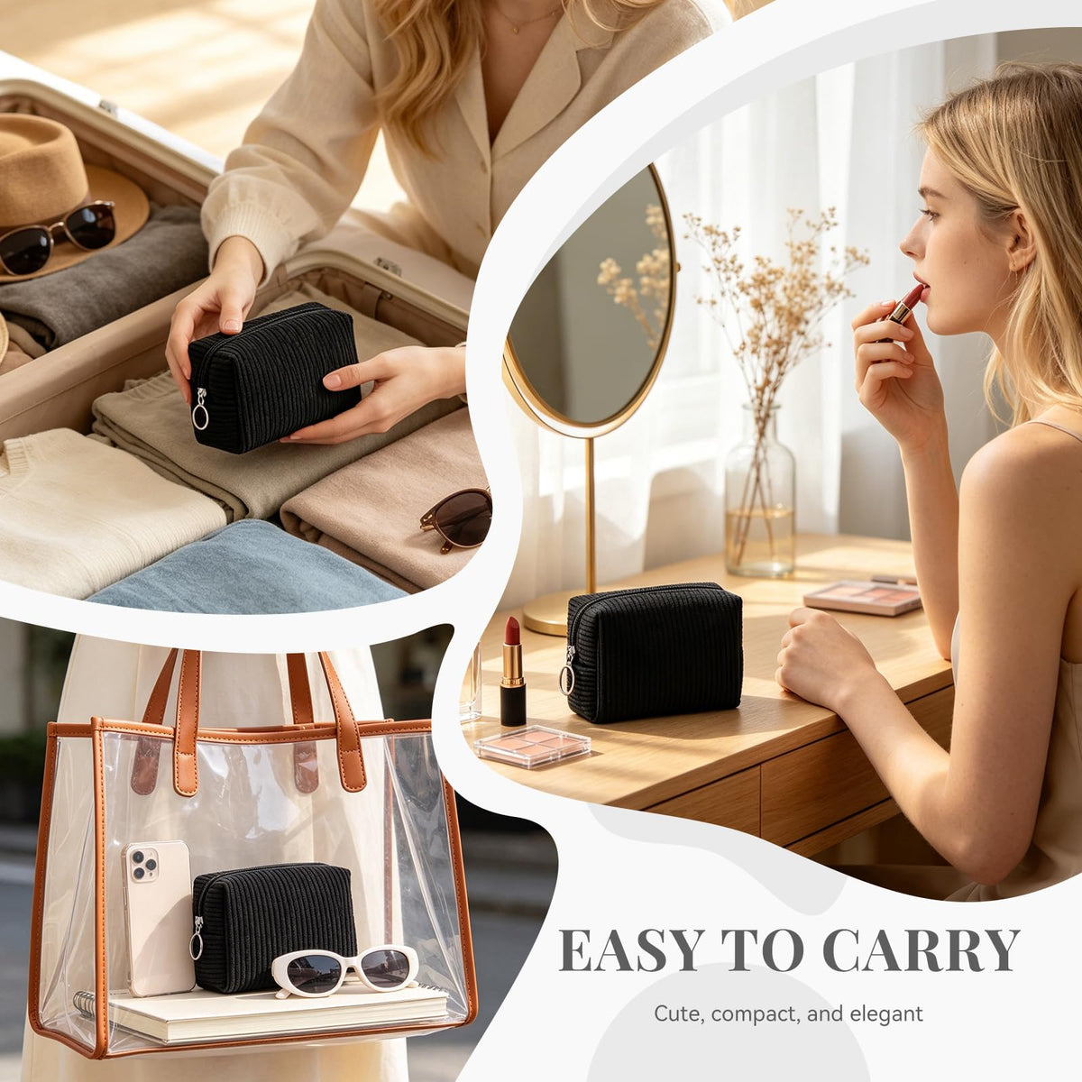 MAGEFY Corduroy Makeup Bag - Small Travel Cosmetic Pouch for Women, Portable Mini Zipper Purse with Everyday Essentials for Office, or Trip (Black)