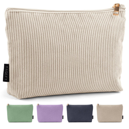 MAGEFY Small Makeup Bag for Purse Corduroy Makeup Bag with Inner Zipper Pockets Travel Cosmetic Bag for Women Preppy Stuff Aesthetic Gifts Back to School Supplies, Beige