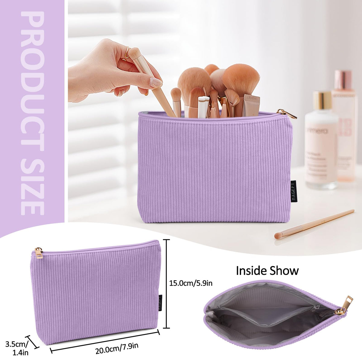 MAGEFY Small Makeup Bag for Purse Corduroy Makeup Bag with Inner Zipper Pockets Travel Cosmetic Bag for Women Preppy Stuff, Purple