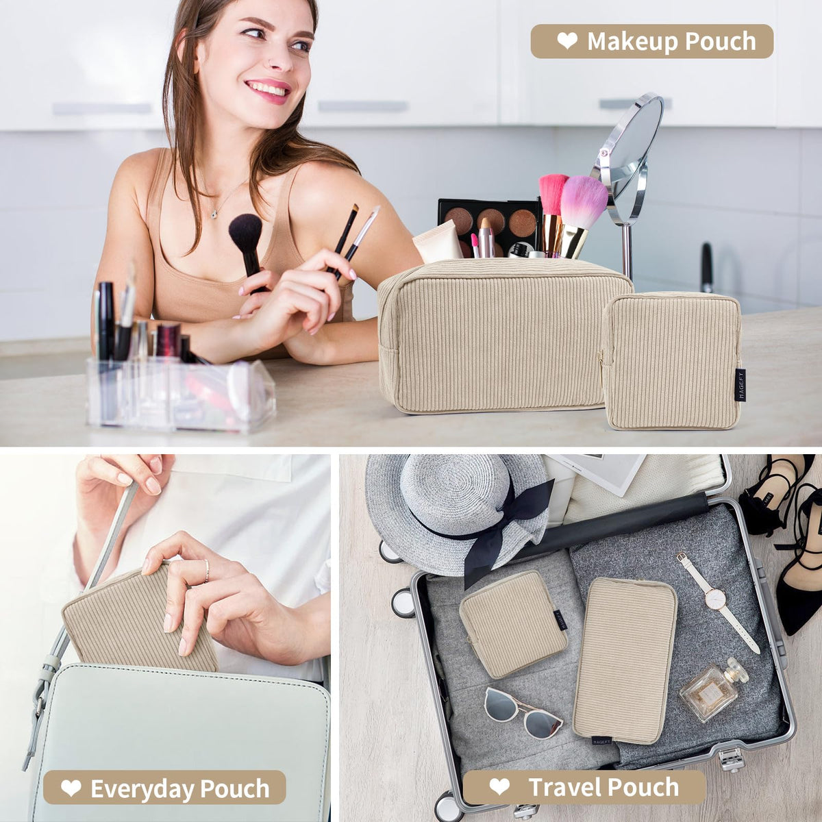 MAGEFY Small Makeup Bag for Purse Mini Cosmetics Bag Corduroy Cute Cosmetic Pouch for Women with Slip-in Pockets (Beige)