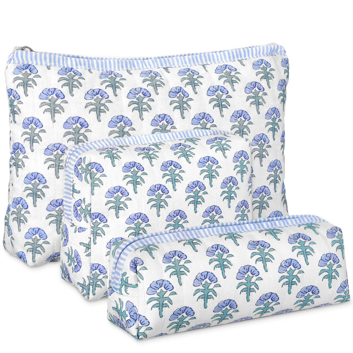Meanplan 3 Pcs Blue Block Print Quilted Makeup Bag for Women Last Toast on The Coast Quilted Cosmetic Bag Bachelorette Favors Cornflower Coquette Floral Toiletry Pouch Travel Organizer