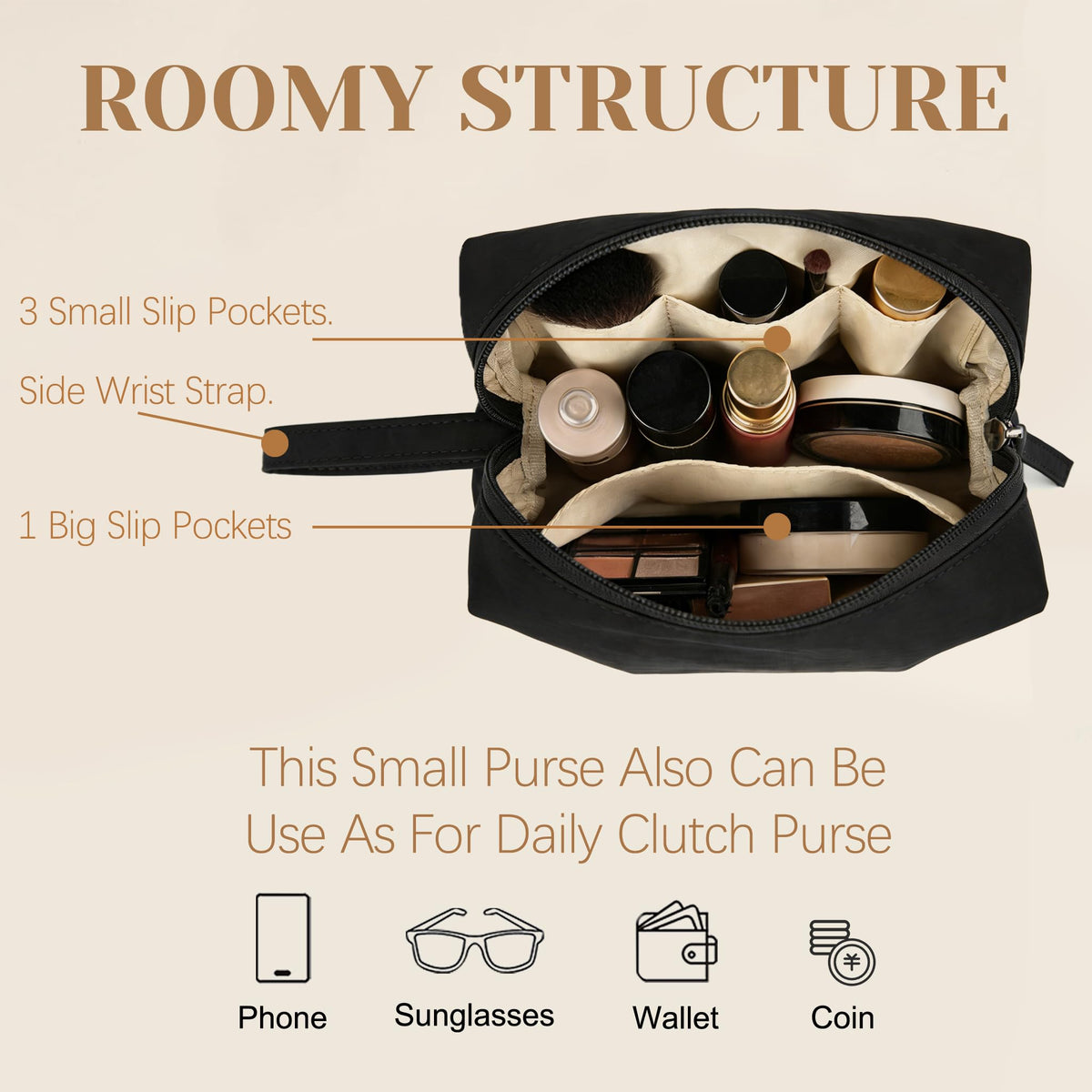 MUHUASHI Mini Cosmetic Bag, Daily Waterproof Makeup Purse and Toiletry Organizer Case, Foldable Lightweight Clutch Pouch Bag (1-Black)