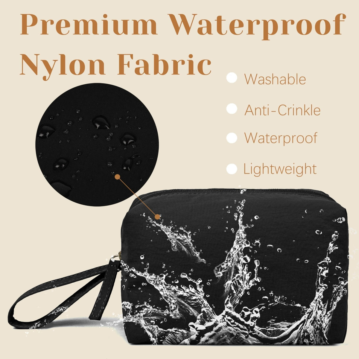 MUHUASHI Mini Cosmetic Bag, Daily Waterproof Makeup Purse and Toiletry Organizer Case, Foldable Lightweight Clutch Pouch Bag (1-Black)