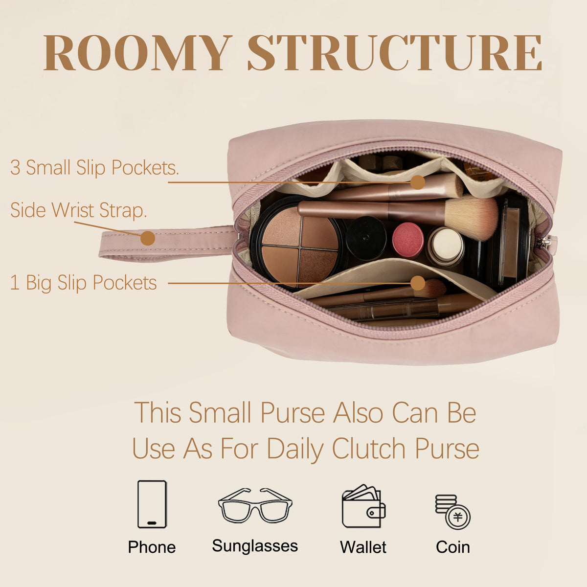 MUHUASHI Mini Cosmetic Bag, Daily Waterproof Makeup Purse and Toiletry Organizer Case, Foldable Lightweight Clutch Pouch Bag (7-Dark Pink)