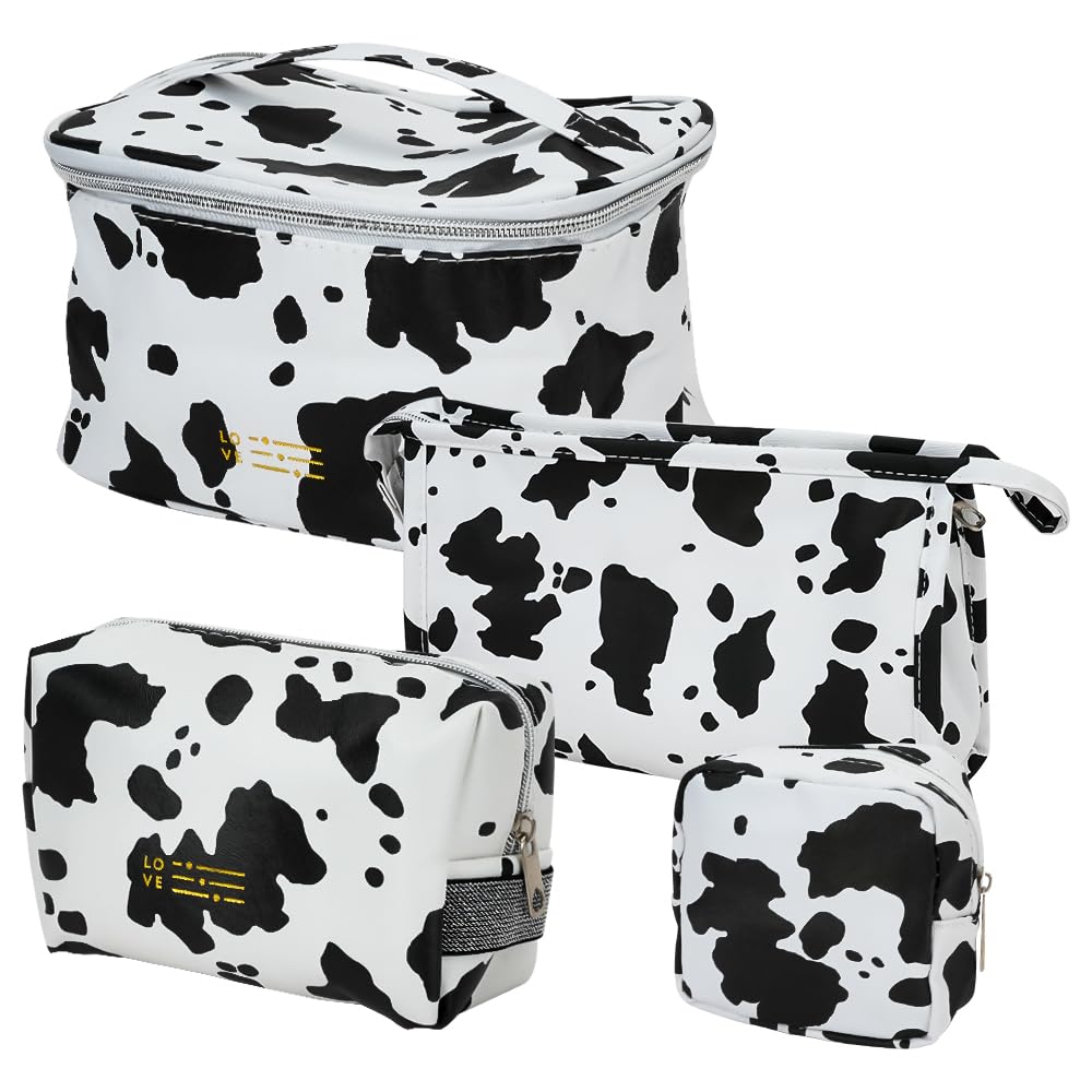 Mulaibdin 4 Pack Makeup Bag, Cows Travel Toiletry Bags for Women, Cute Cosmetic Organizer Pouch with Small Make Up Bag Leather Waterproof Handbag (Style1)
