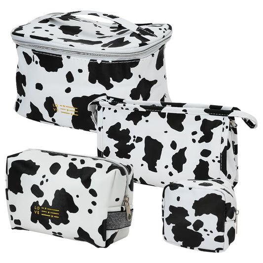 Mulaibdin 4 Pack Makeup Bag, Cows Travel Toiletry Bags for Women, Cute Cosmetic Organizer Pouch with Small Make Up Bag Leather Waterproof Handbag (Style1)
