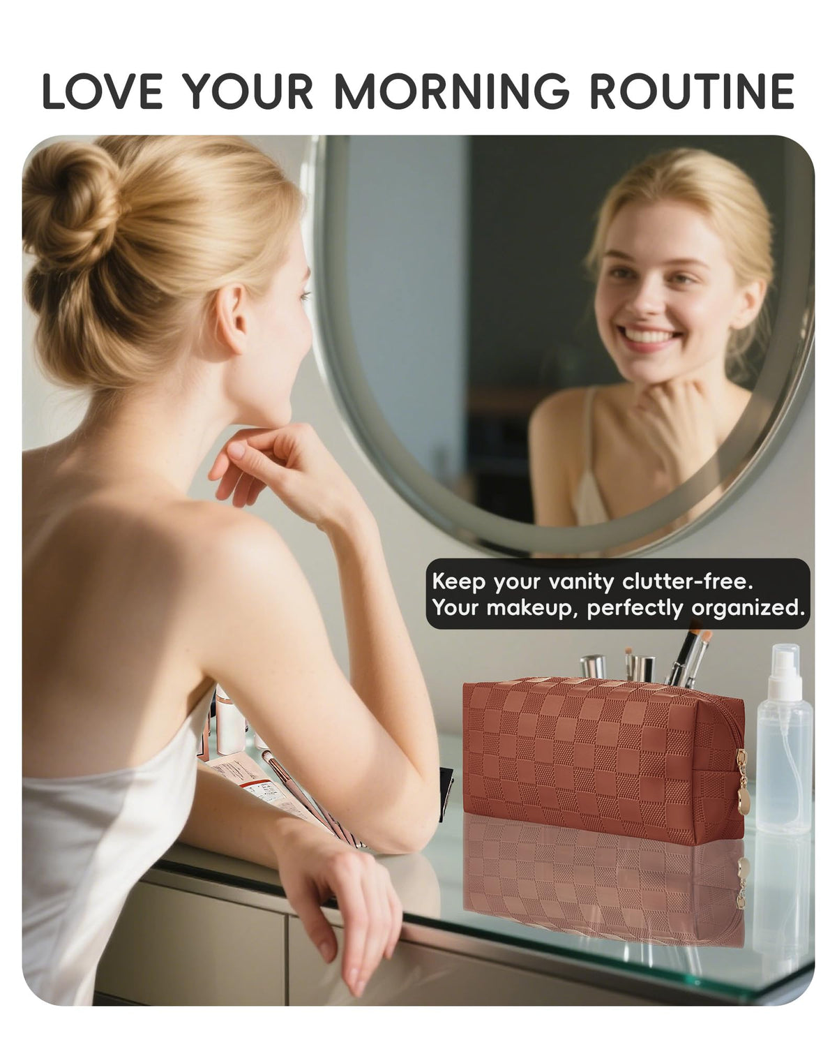 MXXUUOOM Checkered Makeup Bag, PU Leather Cosmetic Pouch
