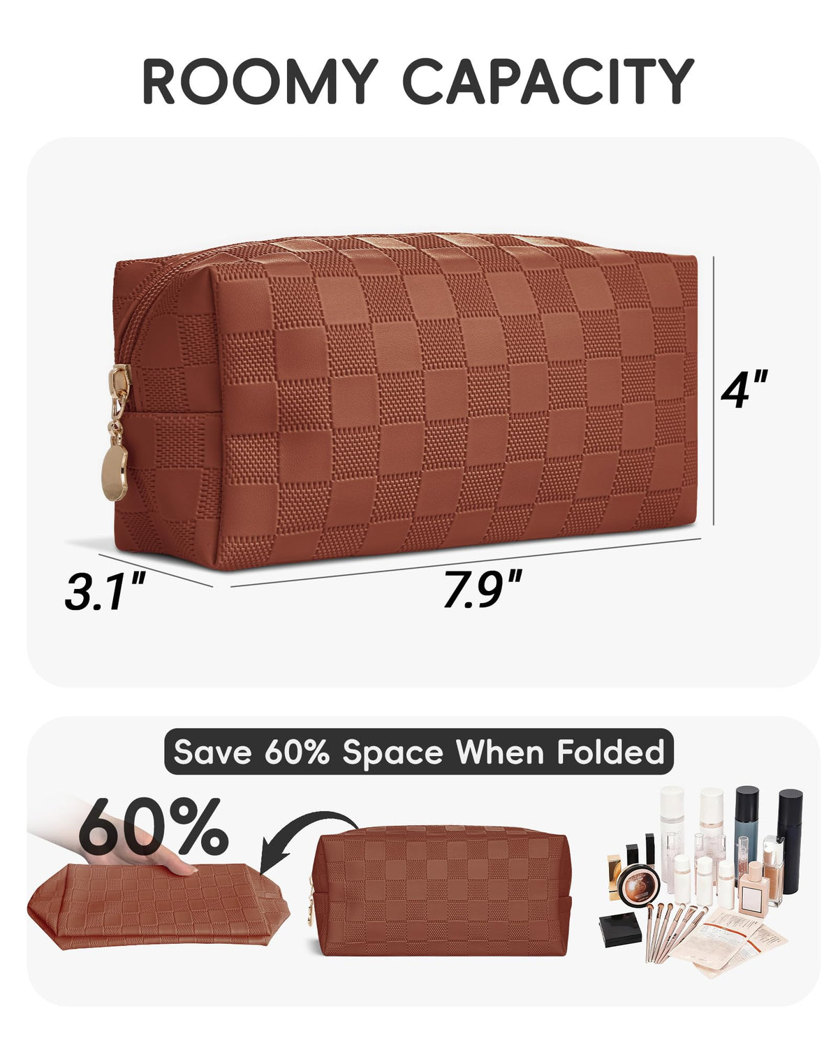 MXXUUOOM Checkered Makeup Bag, PU Leather Cosmetic Pouch