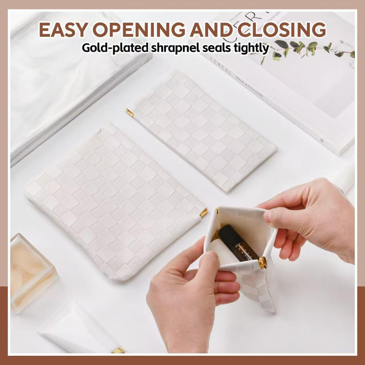 MZLUWM 3PCS Small Makeup Bag for Purse，Waterproof Leather Portable Mini Makeup Bag,Snap Closure Organizer Pouch for Coin Cards Jewelry Lipstick Cosmetic Accessories，Small Travel Kit Storage Pouch