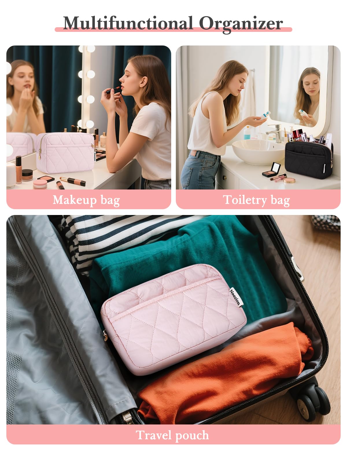 Noozion Makeup Bag Travel Toiletry Bag, Puffy Padded Cosmetic Bag for Women, Makeup Organizer Case, Wide-open Pouch Purse, Travel Essentials
