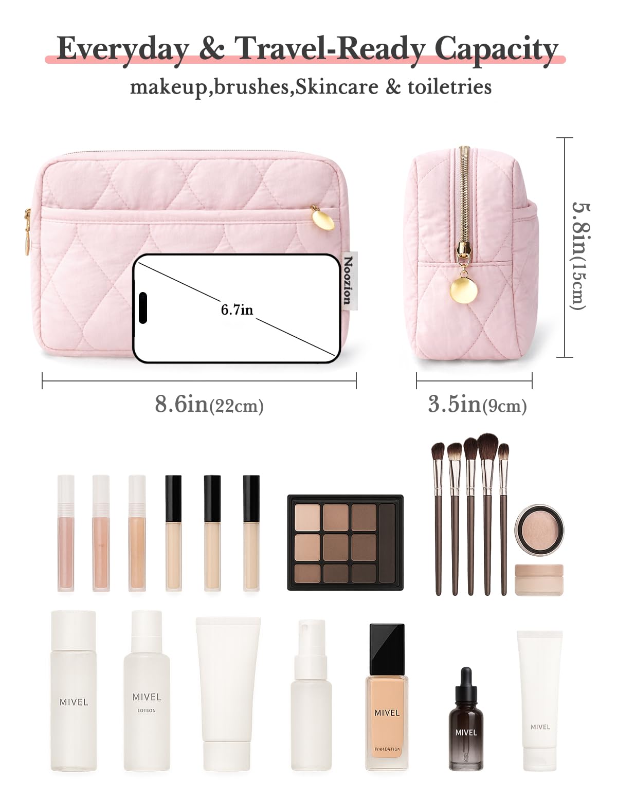 Noozion Makeup Bag Travel Toiletry Bag, Puffy Padded Cosmetic Bag for Women, Makeup Organizer Case, Wide-open Pouch Purse, Travel Essentials