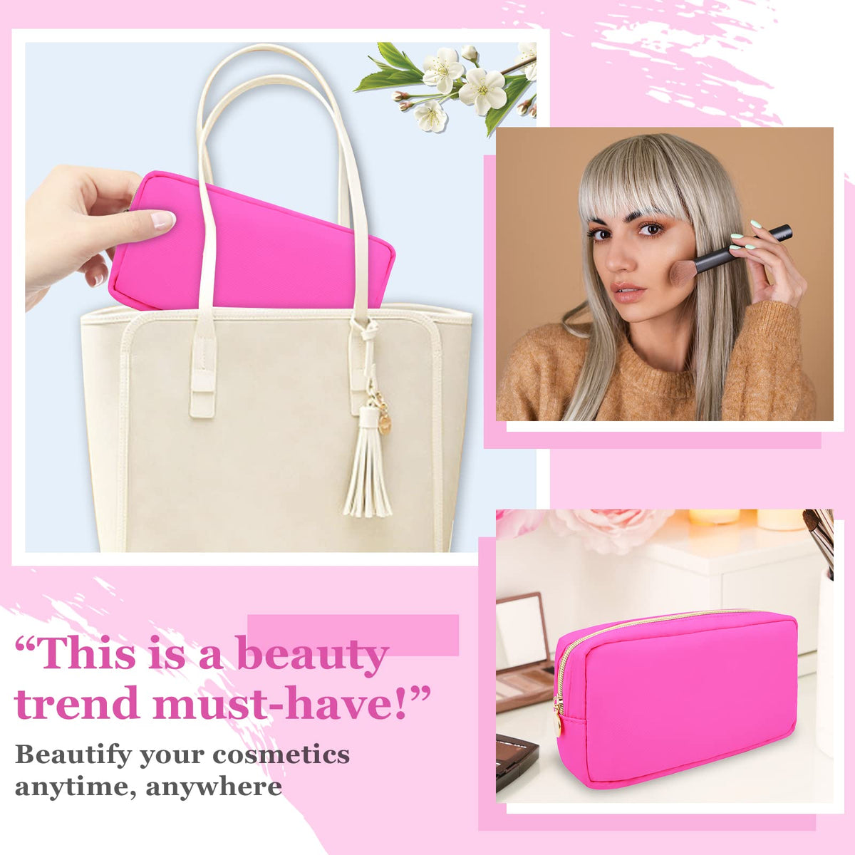 Nylon Small Makeup Bag for Purse, Cute Preppy Makeup Bag Cosmetic Zipper Pouch Purse, Waterproof Portable Travel Toiletry Bag Clutch Makeup Brush Bag Organizer Storage for Women Men Girls(Hot Pink)