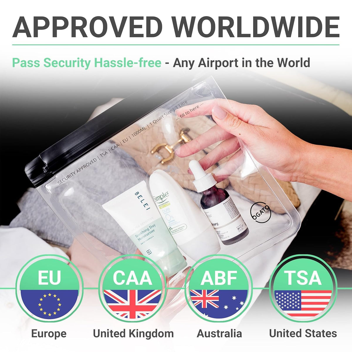 Ogato Clear Toiletry Bag, TSA Approved, 3-1-1 Compliant, Quart Size, 3-Pack