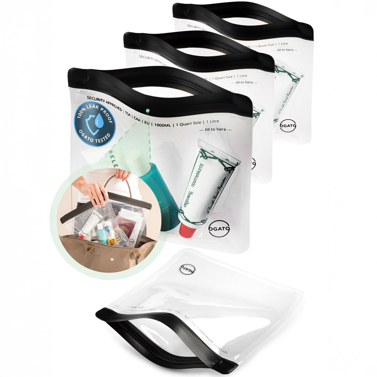 Ogato Clear Toiletry Bag, TSA Approved, 3-1-1 Compliant, Quart Size, 3-Pack