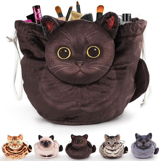Openhahaha Drawstring Makeup Bag, Cat Makeup Bag, Travel Makeup Organizer, Cosmetic Pouch Bag, Cat Gift for Women, Lay Flat Makeup Bag Gifts for Cat Lovers