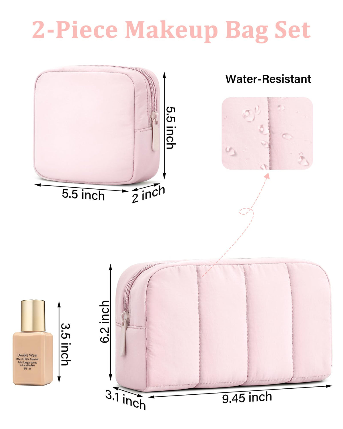 oscaurt 2 Pcs Makeup Bag Travel Toiletry Bag for Women Puffy Padded Cosmetic Pouch Purse Wide-open Makeup Organizer Case Travel Essentials