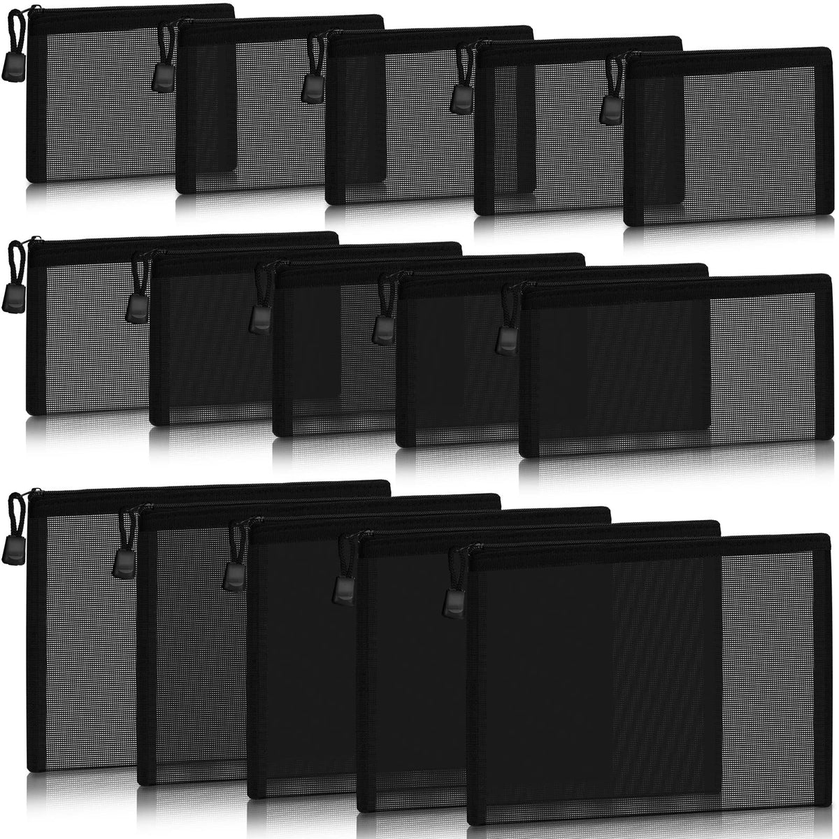 Outus 15 Pcs Mesh Bag with Zipper,9.84x7.09, 7.87x3.94, 5x3.94 Inches,Black