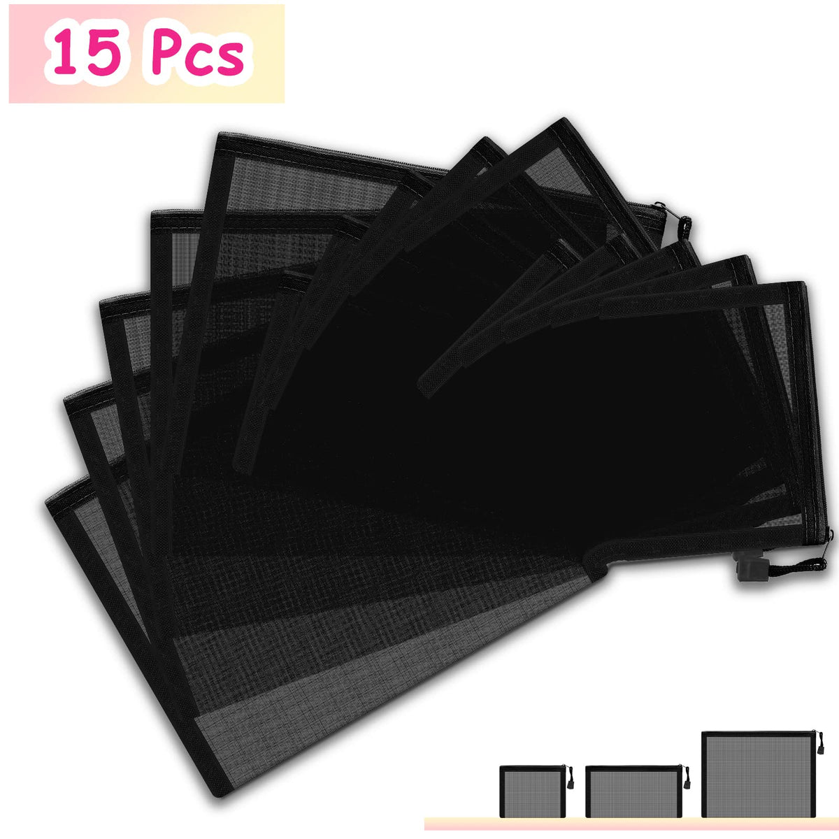 Outus 15 Pcs Mesh Bag with Zipper,9.84x7.09, 7.87x3.94, 5x3.94 Inches,Black