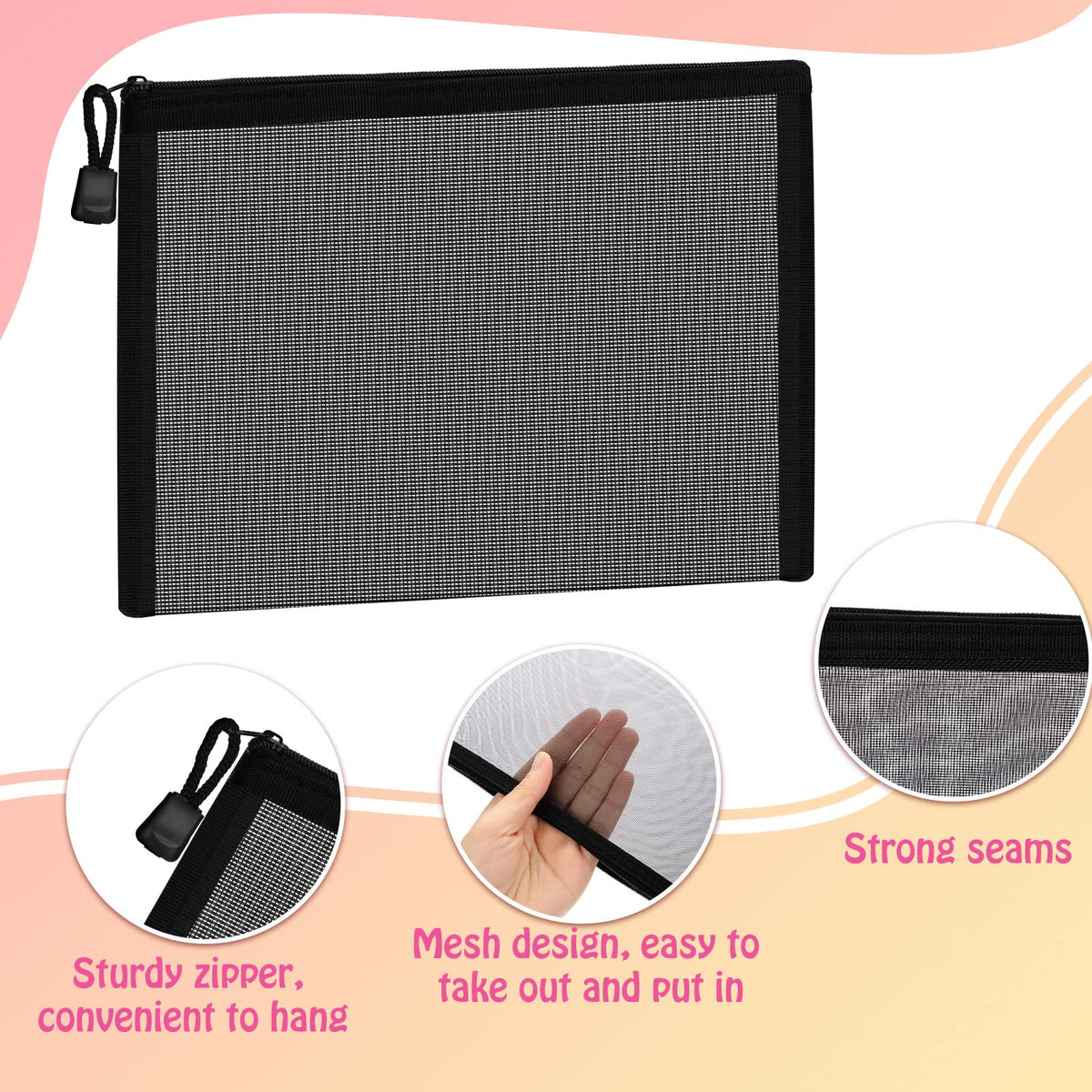 Outus 15 Pcs Mesh Bag with Zipper,9.84x7.09, 7.87x3.94, 5x3.94 Inches,Black