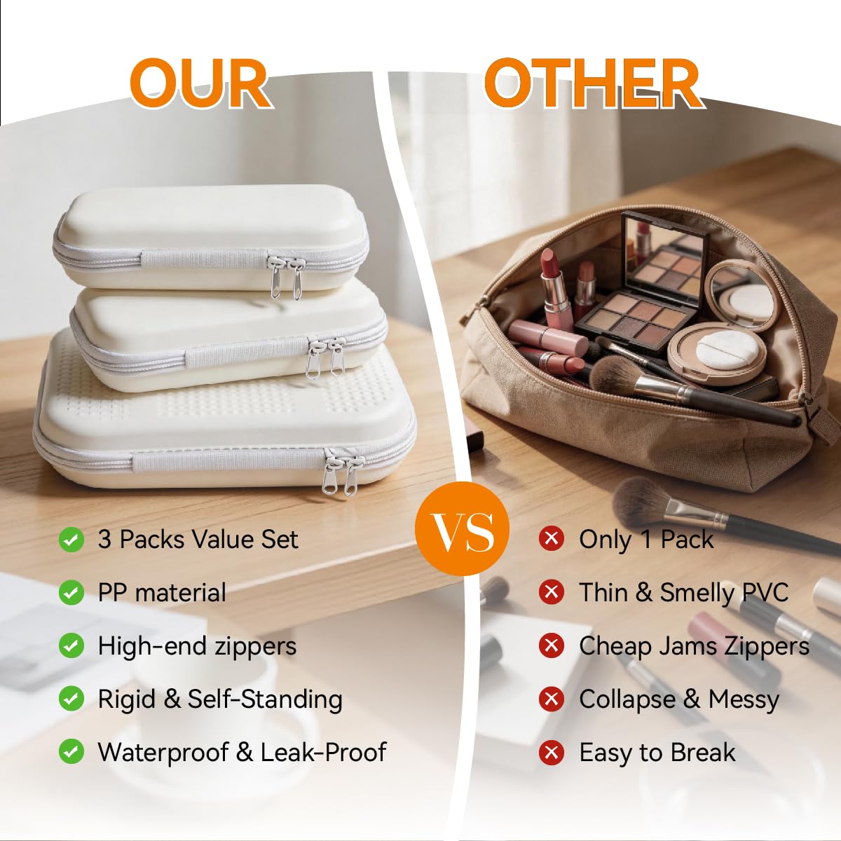 OUXIA 3 Pcs Hard Shell Zipper Case, Hard Plastic Zipper Case, Travel Toiletry Bag, Diaper Bag Organizer Pouches Matte Hard Shell Cosmetic/Toiletry Pouch, Travel Organizer, Toy Storage Bins for Travel