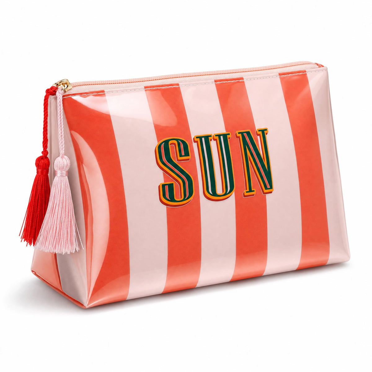 Ovwqt Waterproof Striped PVC Makeup Bag small, Cosmetic Zipper Pouch Travel Toiletry Organizer, Beach Pool Summer Vacation Essentials Gift for Women Girls(Pink-Orange-SUN)