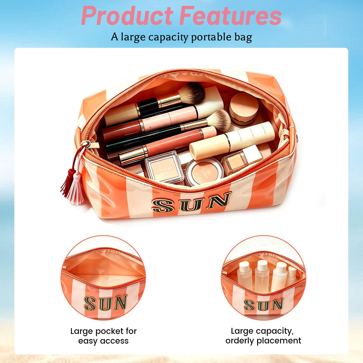 Ovwqt Waterproof Striped PVC Makeup Bag small, Cosmetic Zipper Pouch Travel Toiletry Organizer, Beach Pool Summer Vacation Essentials Gift for Women Girls(Pink-Orange-SUN)