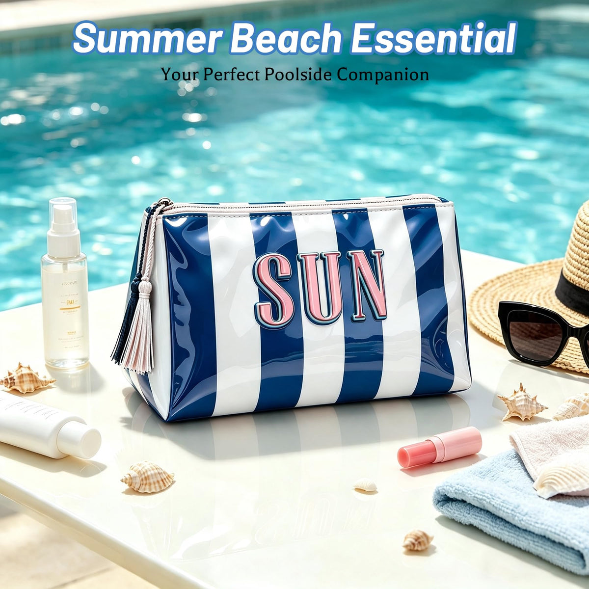 Ovwqt Waterproof Striped PVC Makeup Bag small, Cosmetic Zipper Pouch Travel Toiletry Organizer, Beach Pool Summer Vacation Essentials Gift for Women Girls(Pink-Orange-SUN)