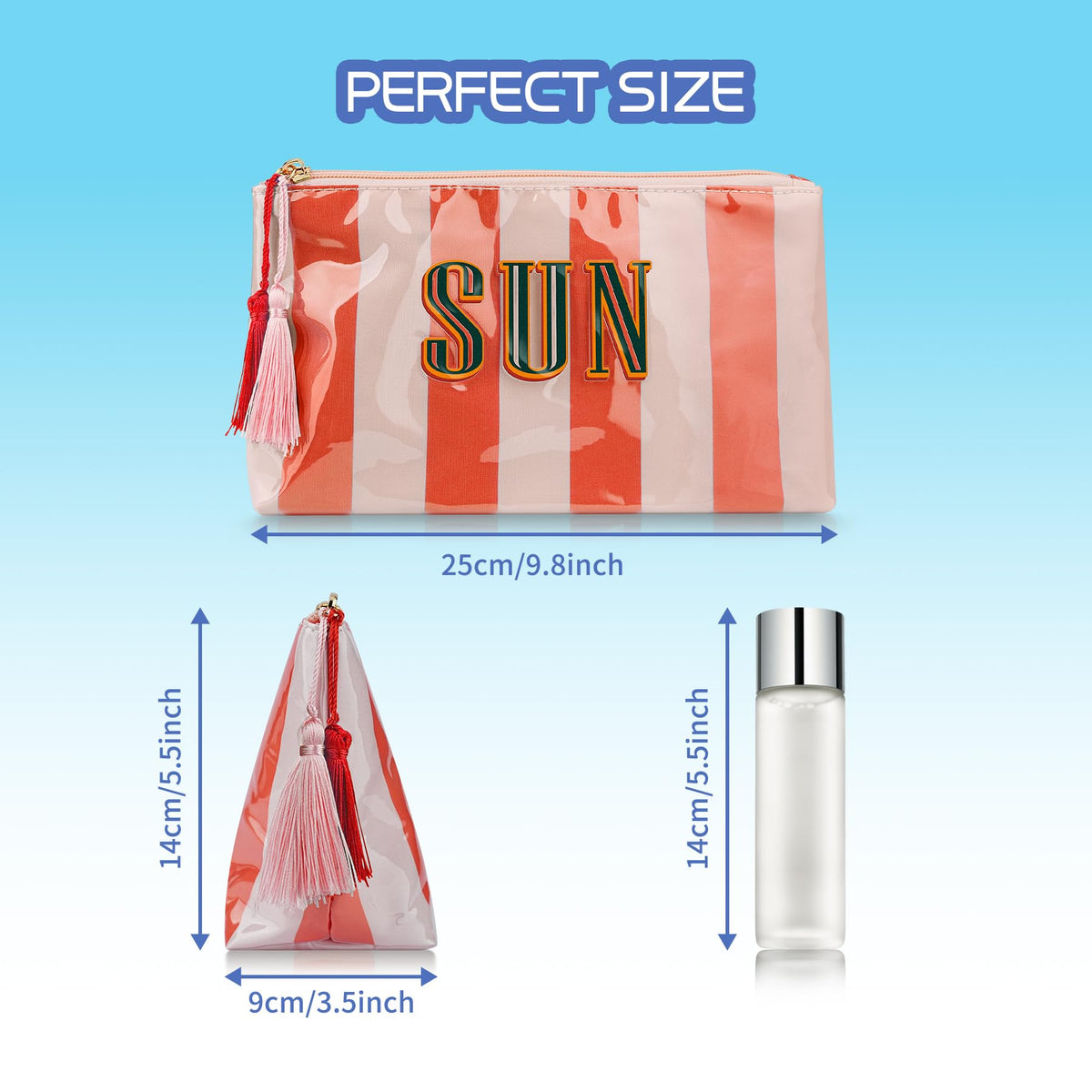 Ovwqt Waterproof Striped PVC Makeup Bag small, Cosmetic Zipper Pouch Travel Toiletry Organizer, Beach Pool Summer Vacation Essentials Gift for Women Girls(Pink-Orange-SUN)