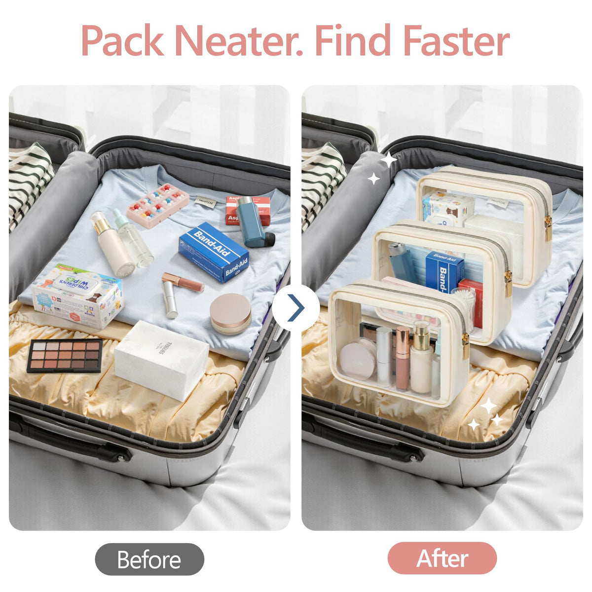 PACKISM Clear Makeup Bag Travel - 3 Pack TSA Approved Toiletry Bag, Beige