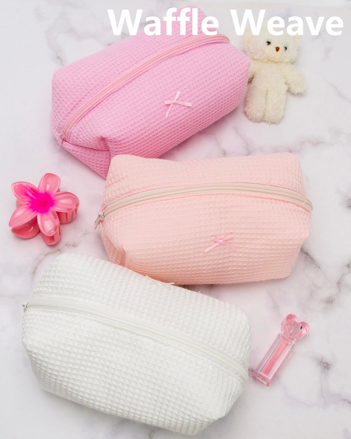 PAZIMIIK Cozy Makeup Bag for Women,Zipper Cosmetic Pouch,Waffle Pink,2 Pack