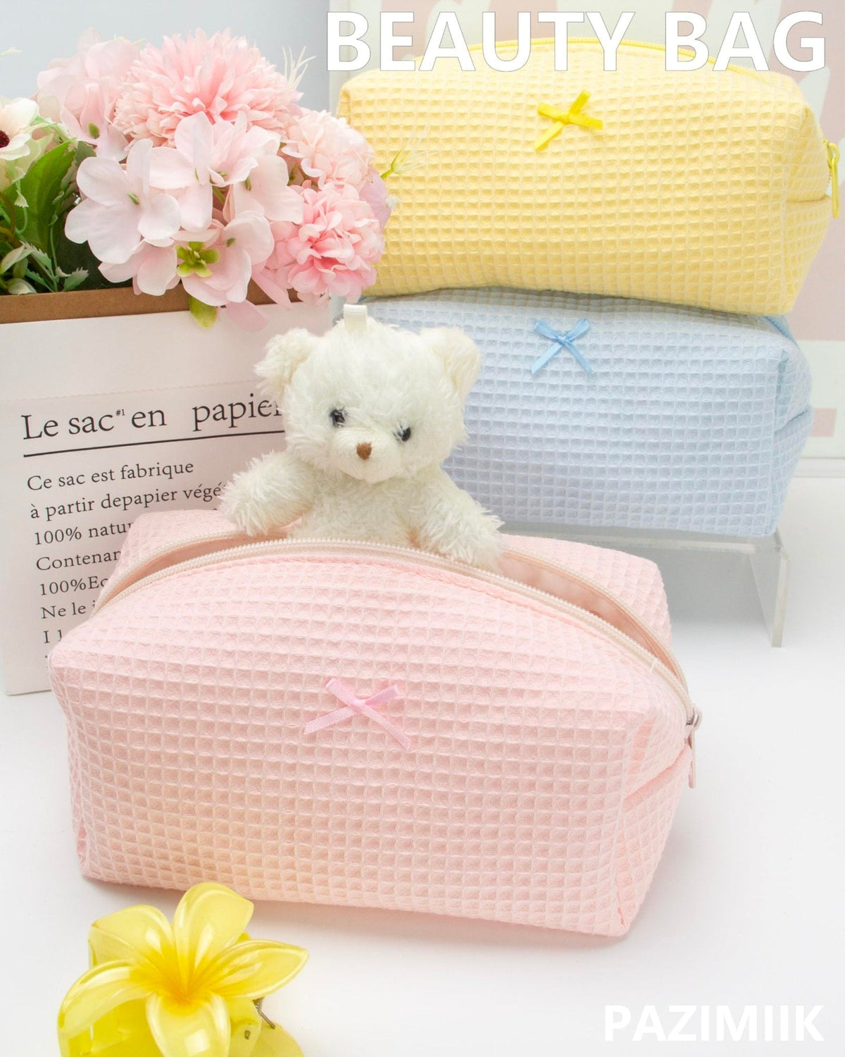 PAZIMIIK Cozy Makeup Bag for Women,Zipper Cosmetic Pouch,Waffle Pink,2 Pack