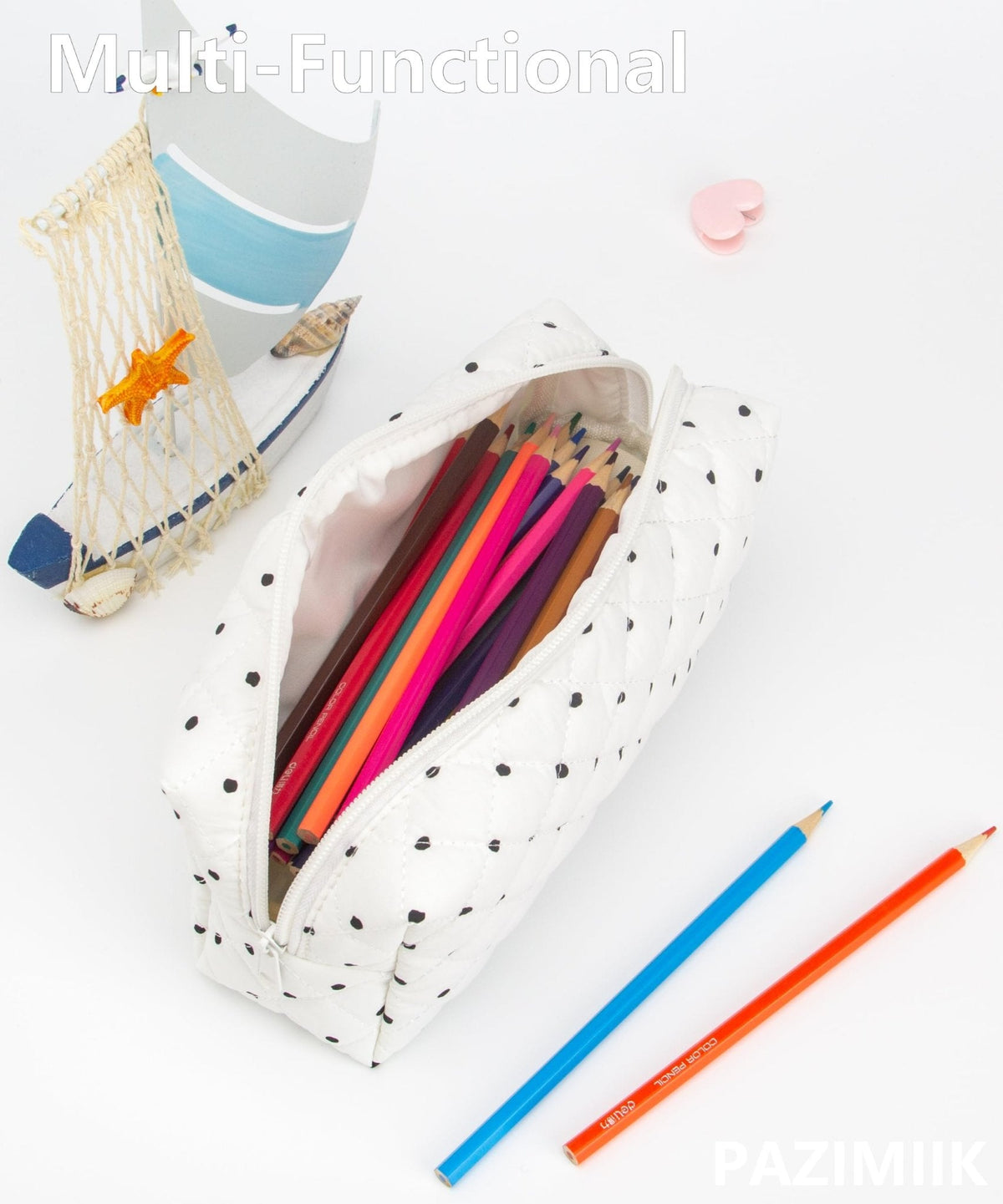 PAZIMIIK Small Quilted Makeup Bag,Zipper Cosmetic Pouch,Polka Dot White