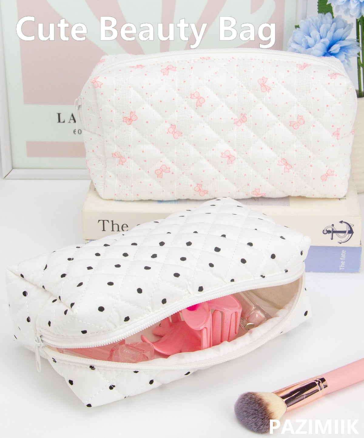 PAZIMIIK Small Quilted Makeup Bag,Zipper Cosmetic Pouch,Polka Dot White