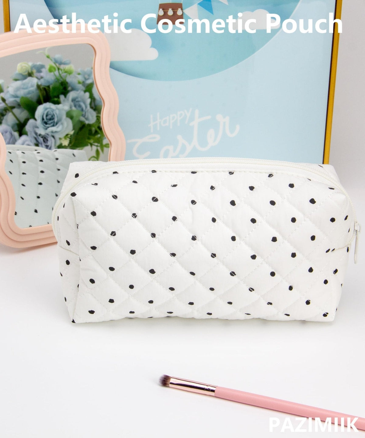 PAZIMIIK Small Quilted Makeup Bag,Zipper Cosmetic Pouch,Polka Dot White