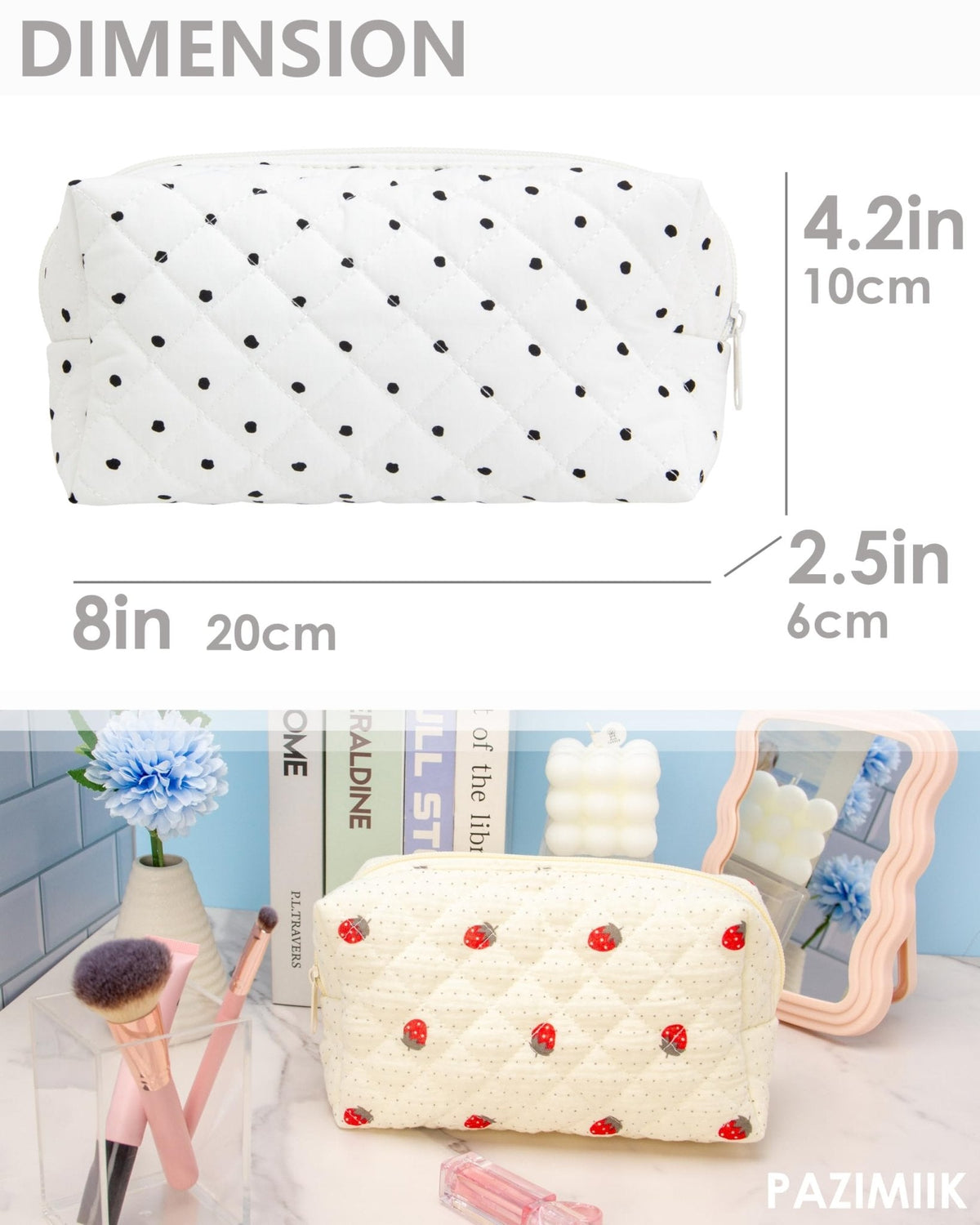 PAZIMIIK Small Quilted Makeup Bag,Zipper Cosmetic Pouch,Polka Dot White