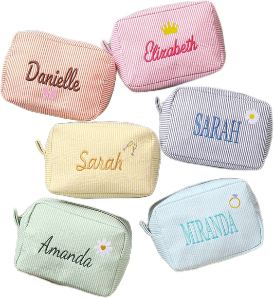 Personalized Cosmetic Bag with Name, Cute Custom Makeup Bags for Women Girls Seersucker Bridesmaid Travel Bag, Organizer Storage Pouch, Cute Pattern, Available to Match Travel Bags