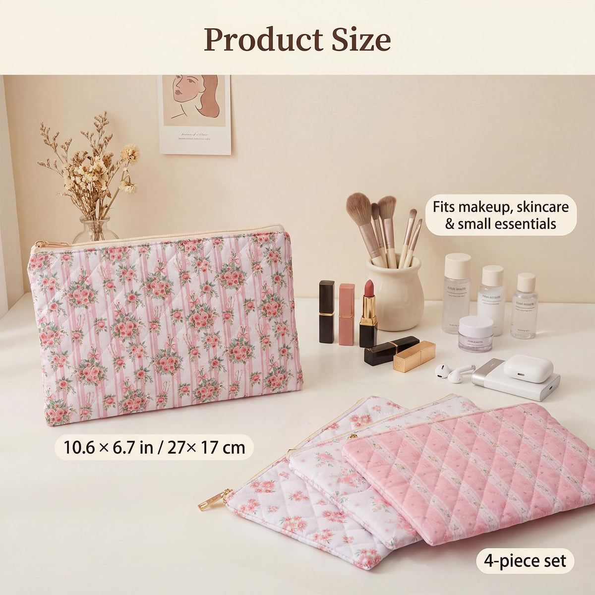 Pimoys Cotton Makeup Bag, Pink Floral Cosmetic Pouch, Zipper Travel Case