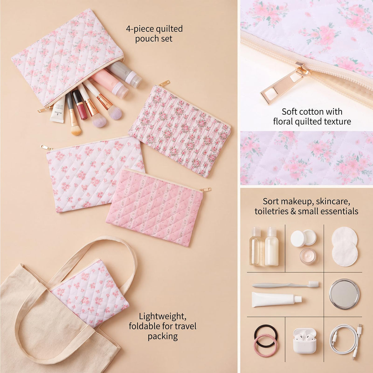 Pimoys Cotton Makeup Bag, Pink Floral Cosmetic Pouch, Zipper Travel Case