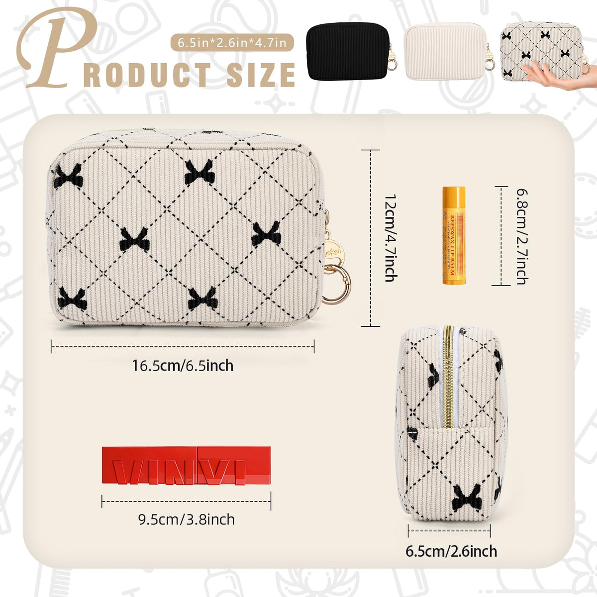 Playexen Small Makeup Bag, Multi Pockets Cherry Cosmetic Bag, Black