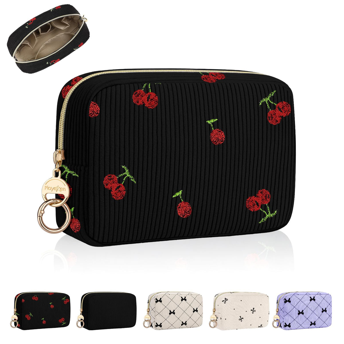 Playexen Small Makeup Bag, Multi Pockets Cherry Cosmetic Bag, Black